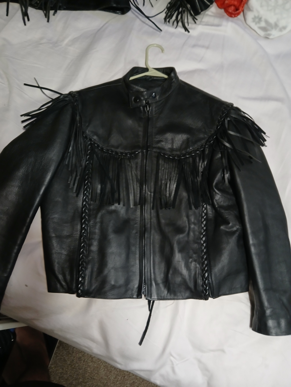 Women's Black Leather Fringe Jacket with Braided Trim